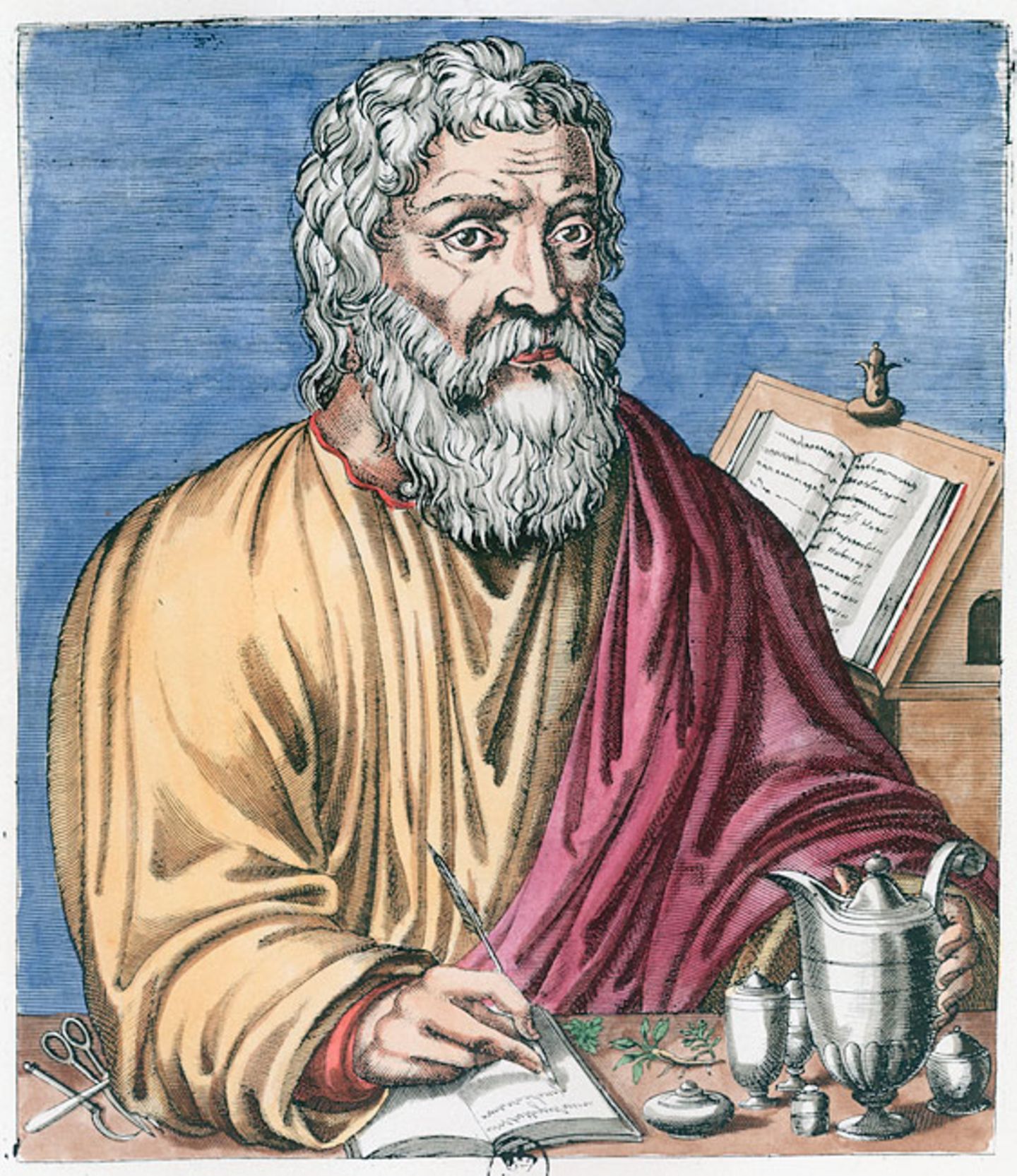 Historische Darstellung des Hippokrates von Kos beim Schreiben