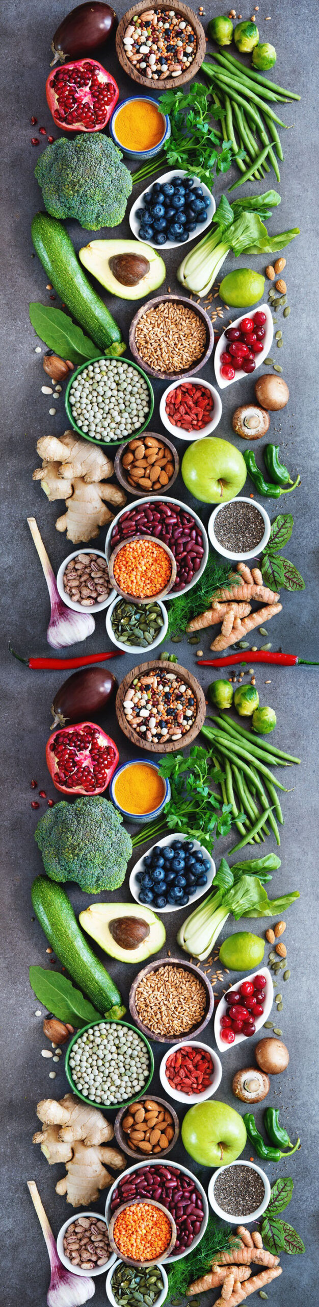 Gesunde Lebensmittel: Gemüse, Obst, Hülsenfrüchte und Gewürze